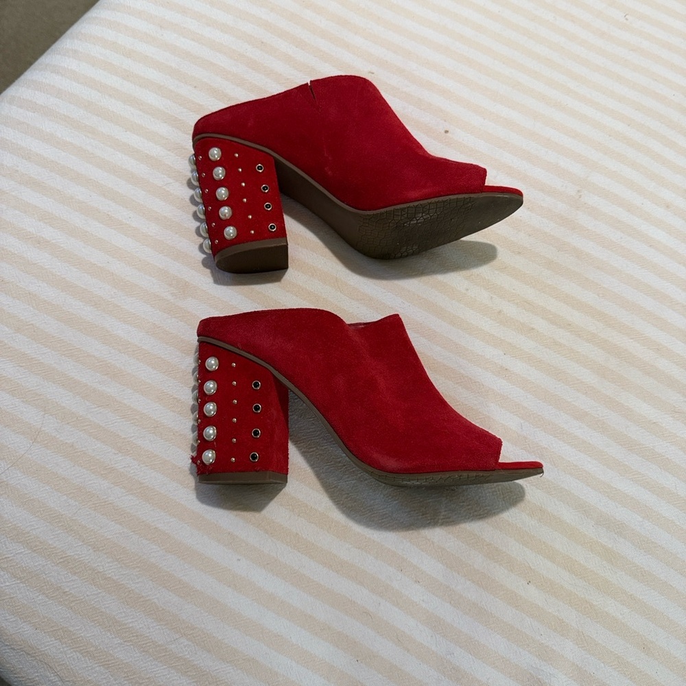 BP Red Suede Heeled Mules with Studded Block Heel